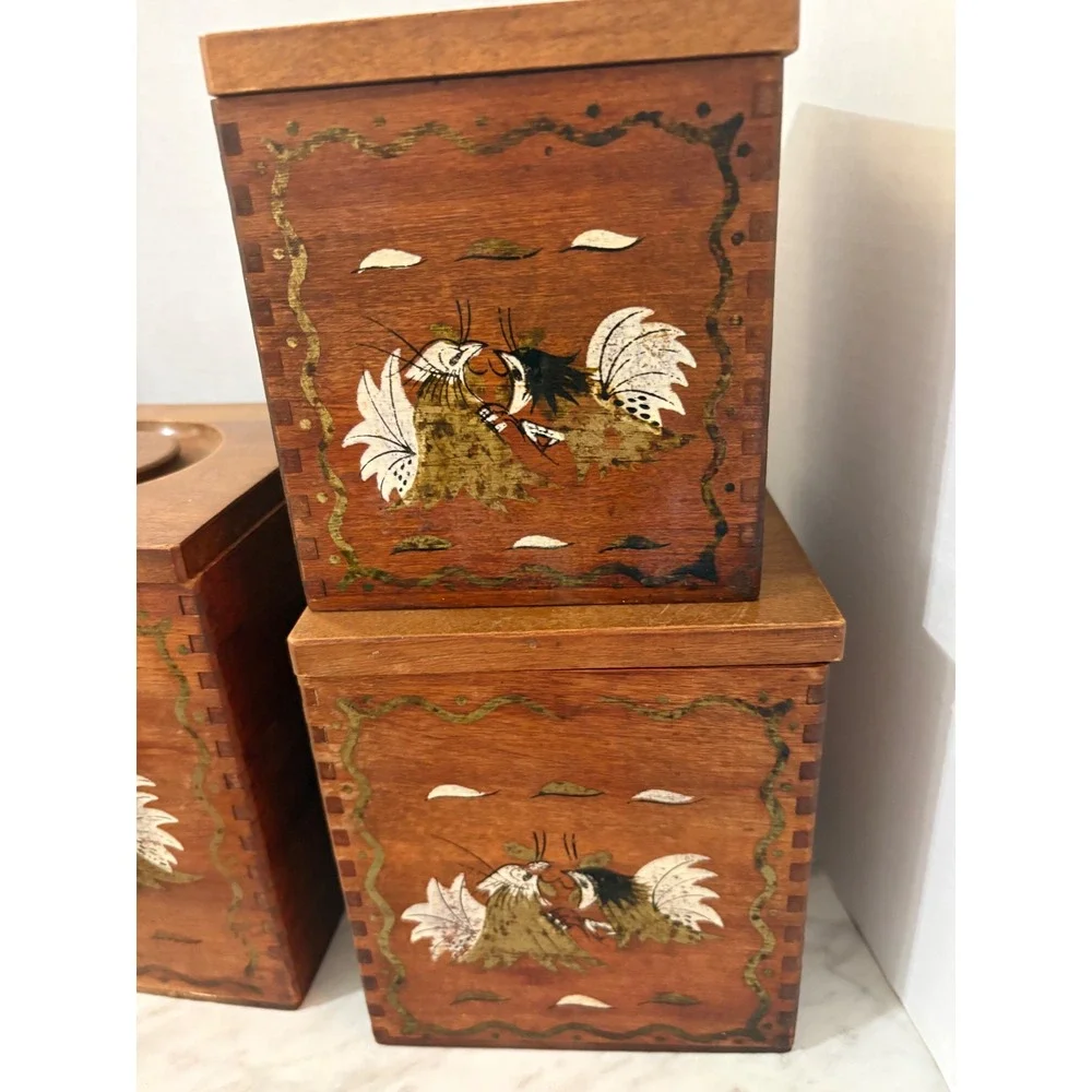 VTG Wood Fighting Rooster 4 pc Kitchen Canister Set Hand Painted Farmhouse Decor